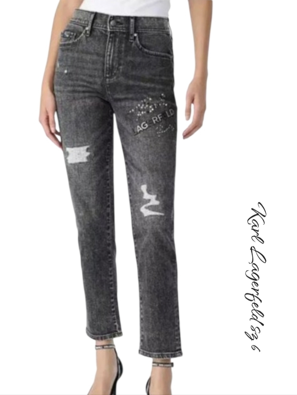 NWT Karl Lagerfeld Paris The Cannes Straight Leg Rhinestone Distressed Jeans 6